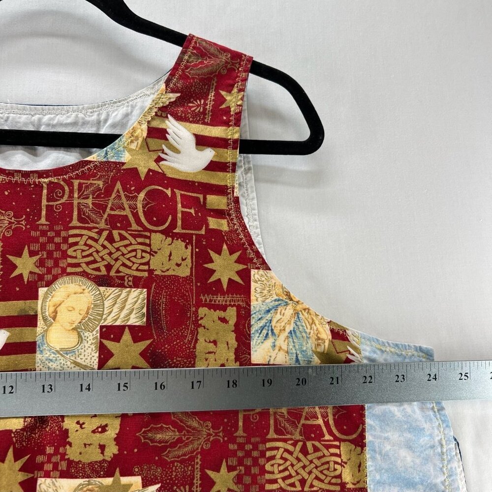 Handmade Upcycled Patchwork Vest Womens Angel Dove Peace Print Crop Top Blue Red - Picture 8 of 10